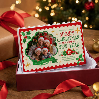 Personalized Photo Christmas Building Block in Stamp Frame, Custom Family Picture "Merry Christmas & Happy New Year" Brick Puzzle Keepsake Decor, Festive Holiday Desk Gift