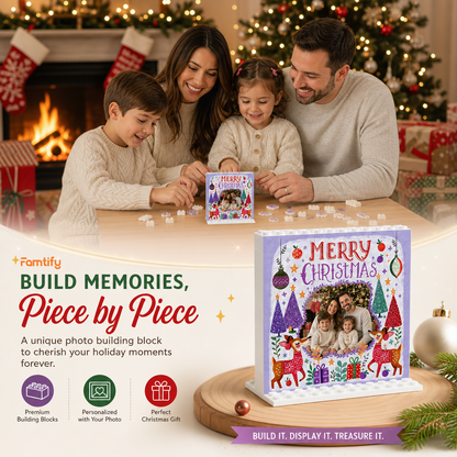 Personalized Photo Christmas Building Block in Soft Purple, Custom Family Picture Reindeer & Winter Forest "Merry Christmas" Brick Puzzle Keepsake Decor, Festive Holiday Desk Gift