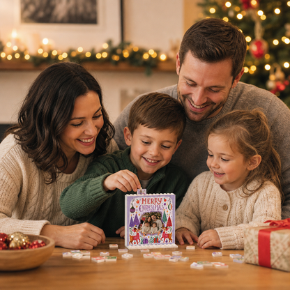 Personalized Photo Christmas Building Block in Soft Purple, Custom Family Picture Reindeer & Winter Forest "Merry Christmas" Brick Puzzle Keepsake Decor, Festive Holiday Desk Gift