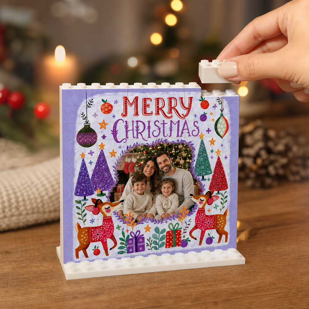 Personalized Photo Christmas Building Block in Soft Purple, Custom Family Picture Reindeer & Winter Forest "Merry Christmas" Brick Puzzle Keepsake Decor, Festive Holiday Desk Gift