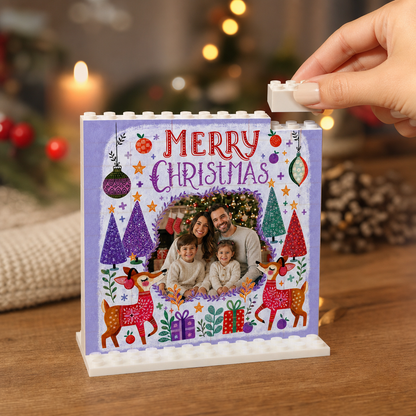 Personalized Photo Christmas Building Block in Soft Purple, Custom Family Picture Reindeer & Winter Forest "Merry Christmas" Brick Puzzle Keepsake Decor, Festive Holiday Desk Gift