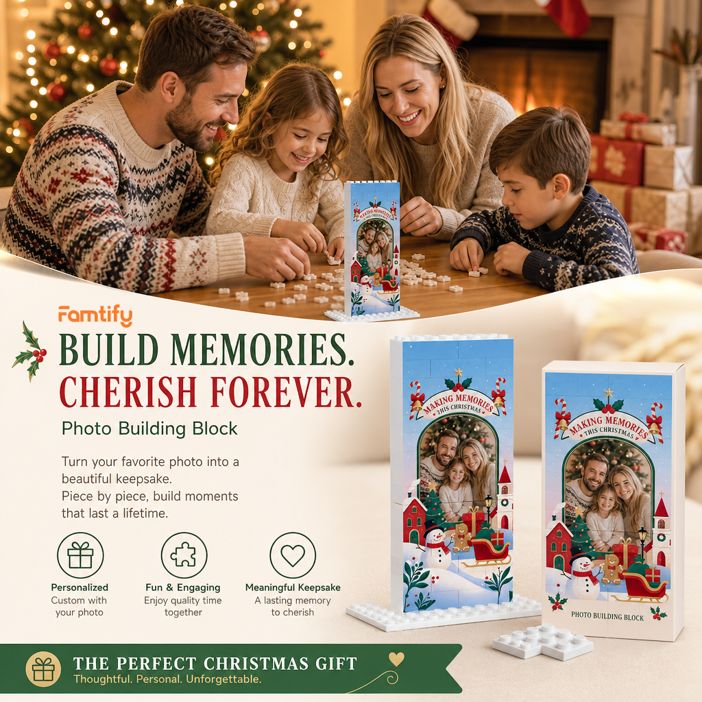 Personalized Photo Christmas Building Block in Sky Blue, Custom Family Picture Snowy Village & Santa Sleigh Brick Puzzle Keepsake Decor, Festive Holiday Desk Gift