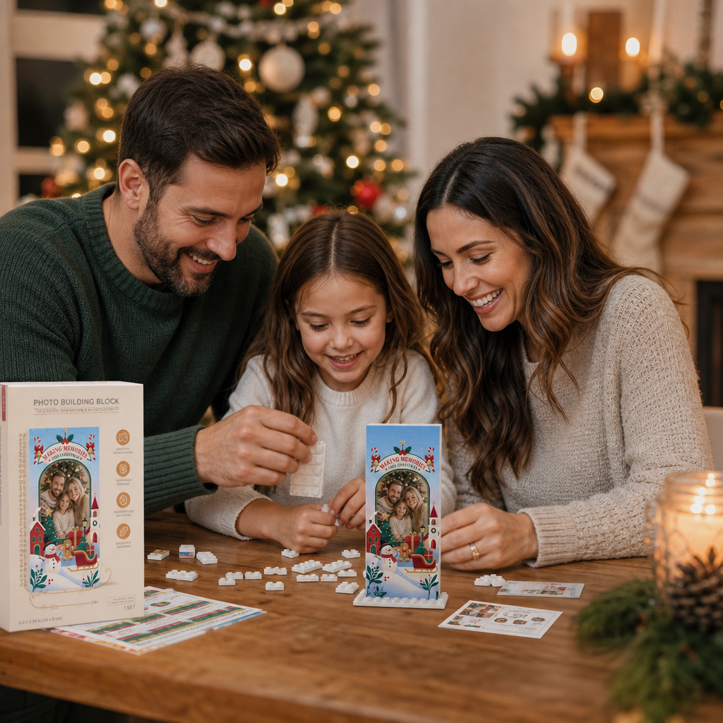 Personalized Photo Christmas Building Block in Sky Blue, Custom Family Picture Snowy Village & Santa Sleigh Brick Puzzle Keepsake Decor, Festive Holiday Desk Gift
