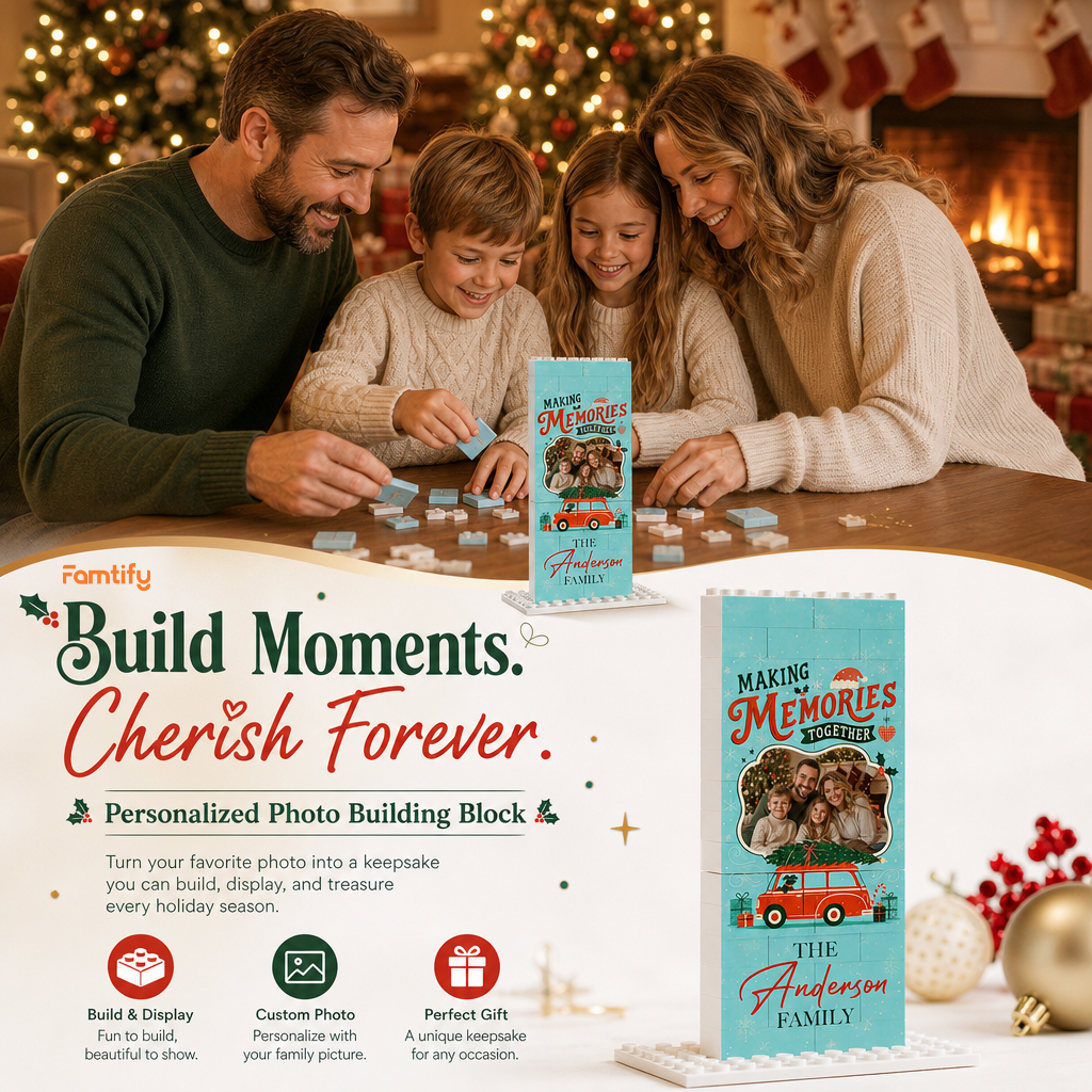 Personalized Photo Christmas Building Block in Teal Blue, Custom Family Name Red Vintage Car & Pine Tree Brick Puzzle Keepsake Decor, Festive Holiday Desk Gift