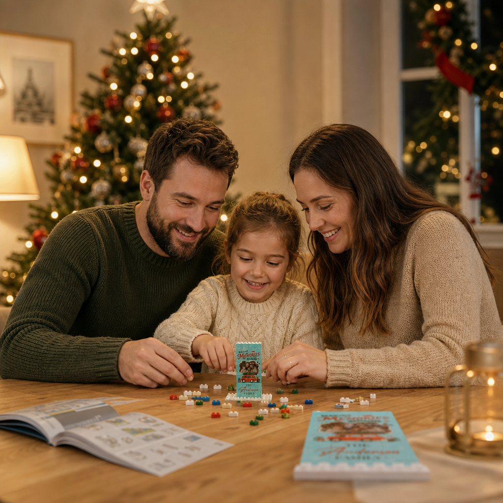 Personalized Photo Christmas Building Block in Teal Blue, Custom Family Name Red Vintage Car & Pine Tree Brick Puzzle Keepsake Decor, Festive Holiday Desk Gift