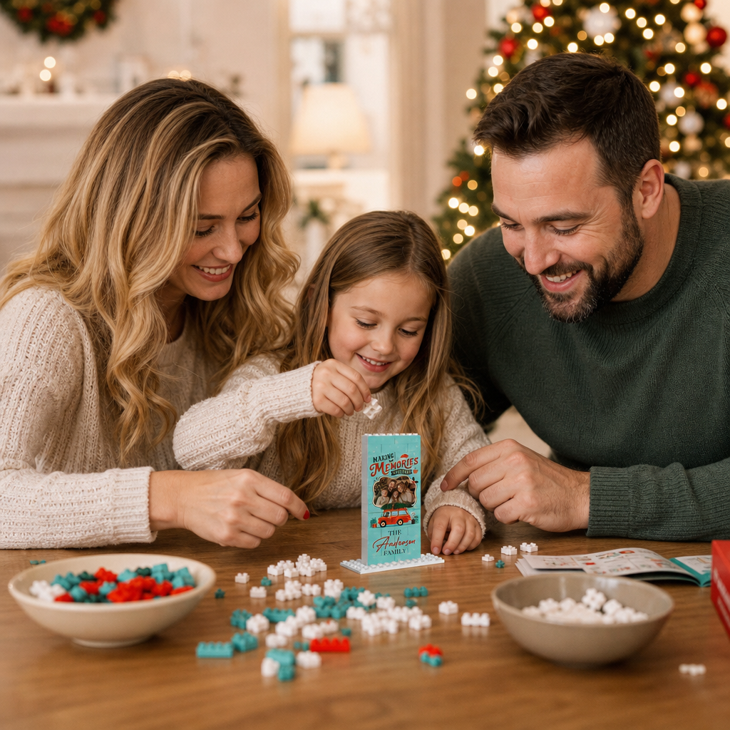 Personalized Photo Christmas Building Block in Teal Blue, Custom Family Name Red Vintage Car & Pine Tree Brick Puzzle Keepsake Decor, Festive Holiday Desk Gift