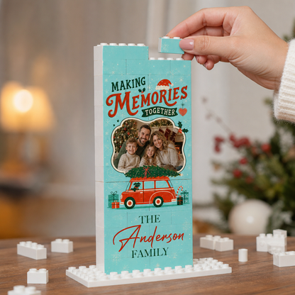 Personalized Photo Christmas Building Block in Teal Blue, Custom Family Name Red Vintage Car & Pine Tree Brick Puzzle Keepsake Decor, Festive Holiday Desk Gift