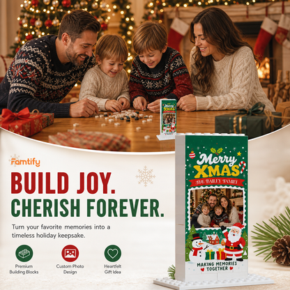 Personalized Photo Christmas Building Block in Deep Green, Custom Family Name Santa Claus & Snowman Brick Puzzle Keepsake Decor, Festive Holiday Desk Gift