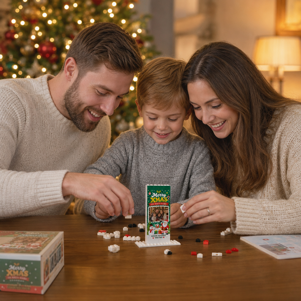 Personalized Photo Christmas Building Block in Deep Green, Custom Family Name Santa Claus & Snowman Brick Puzzle Keepsake Decor, Festive Holiday Desk Gift