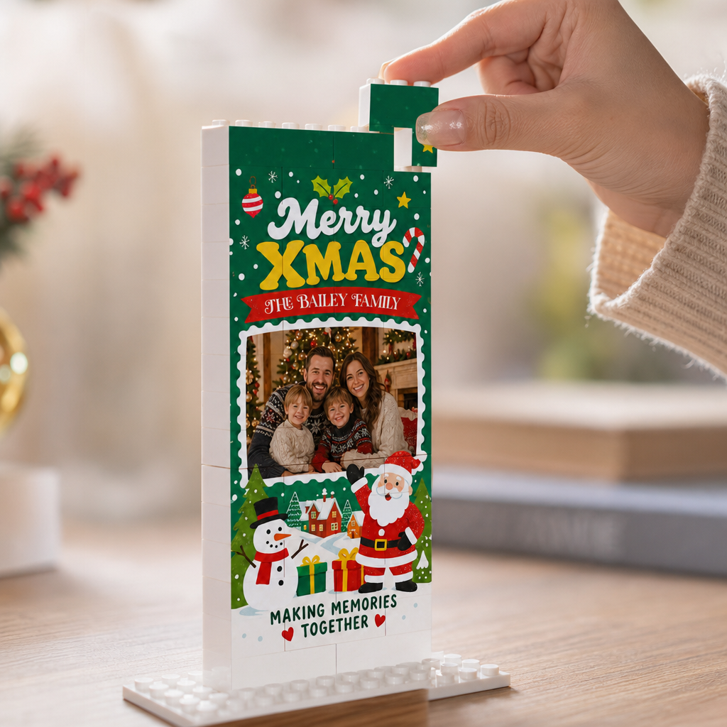 Personalized Photo Christmas Building Block in Deep Green, Custom Family Name Santa Claus & Snowman Brick Puzzle Keepsake Decor, Festive Holiday Desk Gift