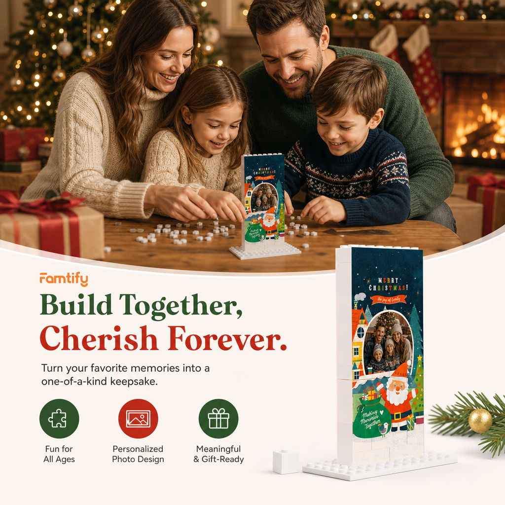 Personalized Photo Christmas Building Block in Deep Teal, Custom Family Picture Santa Claus & Snowy Village Brick Puzzle Keepsake Decor, Festive Holiday Desk Gift