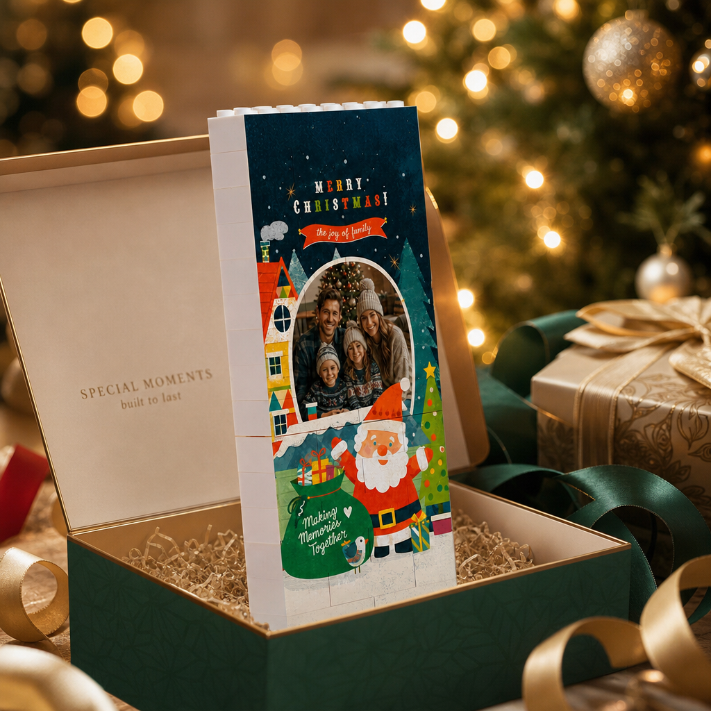 Personalized Photo Christmas Building Block in Deep Teal, Custom Family Picture Santa Claus & Snowy Village Brick Puzzle Keepsake Decor, Festive Holiday Desk Gift