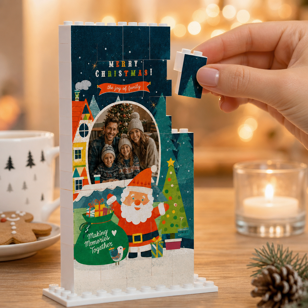 Personalized Photo Christmas Building Block in Deep Teal, Custom Family Picture Santa Claus & Snowy Village Brick Puzzle Keepsake Decor, Festive Holiday Desk Gift