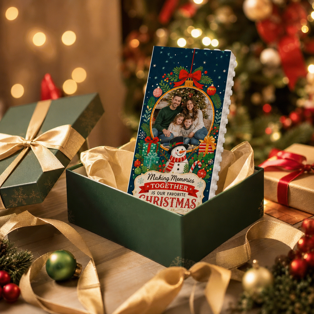 Personalized Photo Christmas Building Block in Deep Teal, Custom Family Picture Christmas Bauble & Snowman Brick Puzzle Keepsake Decor, Festive Holiday Desk Gift