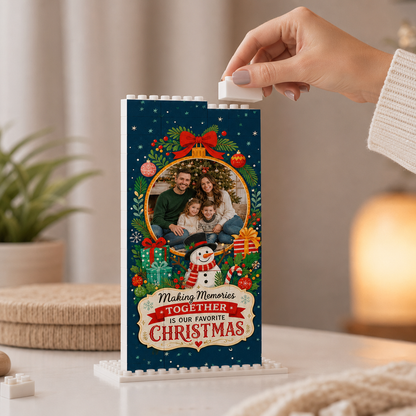 Personalized Photo Christmas Building Block in Deep Teal, Custom Family Picture Christmas Bauble & Snowman Brick Puzzle Keepsake Decor, Festive Holiday Desk Gift