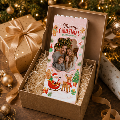 Personalized Photo Christmas Building Block in Pastel Pink, Custom Family Picture Santa Sleigh & Reindeer Brick Puzzle Keepsake Decor, Festive Holiday Desk Gift