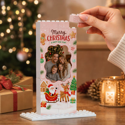 Personalized Photo Christmas Building Block in Pastel Pink, Custom Family Picture Santa Sleigh & Reindeer Brick Puzzle Keepsake Decor, Festive Holiday Desk Gift