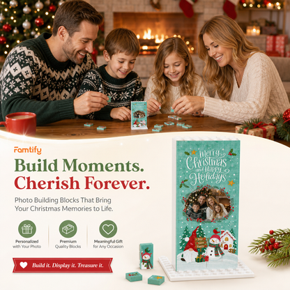 Personalized Photo Christmas Building Block in Mint Green, Custom Family Picture Gnome & Snowman Wreath Brick Puzzle Keepsake Decor, Festive Holiday Desk Gift