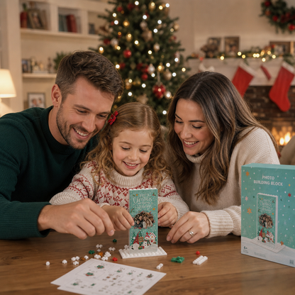 Personalized Photo Christmas Building Block in Mint Green, Custom Family Picture Gnome & Snowman Wreath Brick Puzzle Keepsake Decor, Festive Holiday Desk Gift