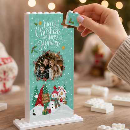 Personalized Photo Christmas Building Block in Mint Green, Custom Family Picture Gnome & Snowman Wreath Brick Puzzle Keepsake Decor, Festive Holiday Desk Gift