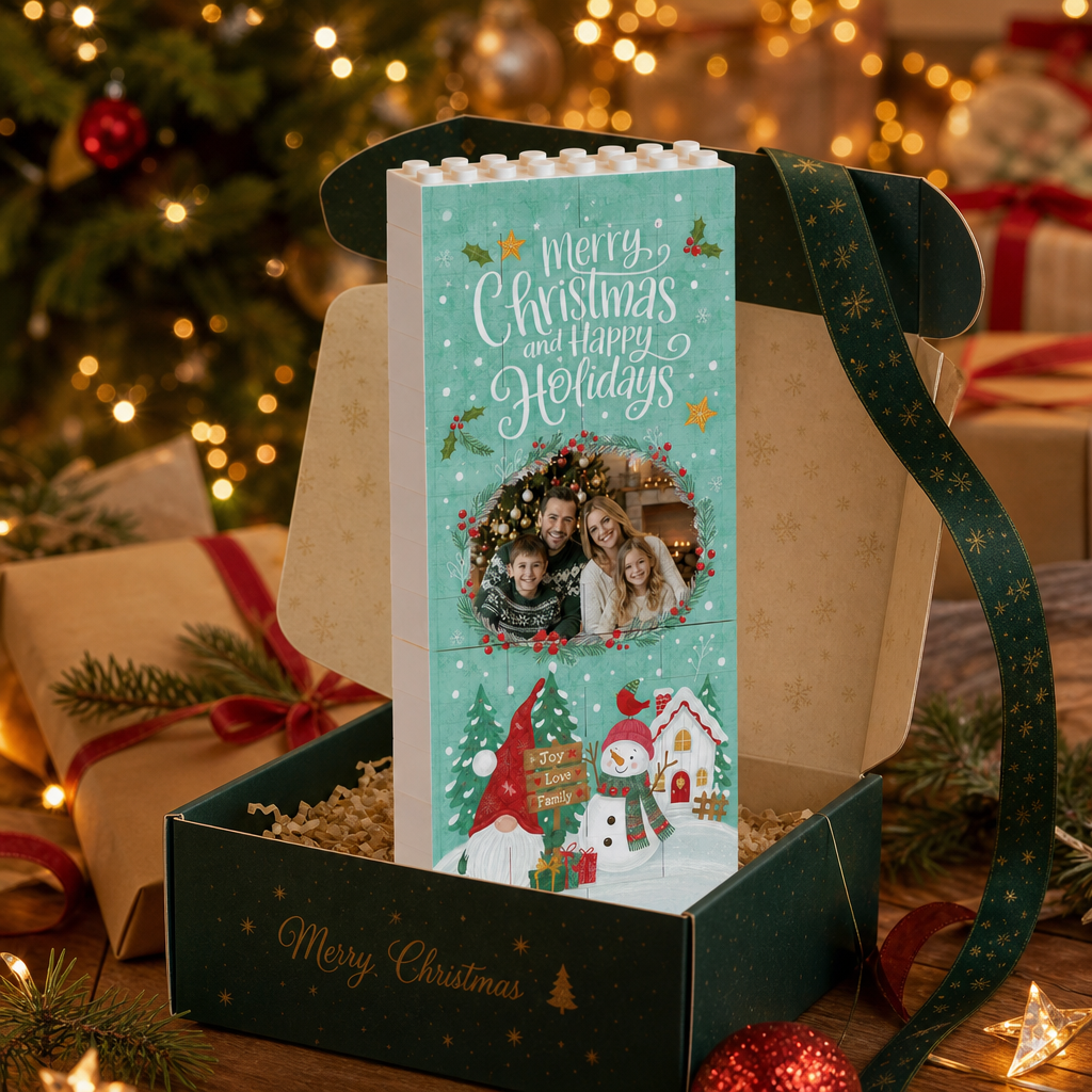 Personalized Photo Christmas Building Block in Mint Green, Custom Family Picture Gnome & Snowman Wreath Brick Puzzle Keepsake Decor, Festive Holiday Desk Gift