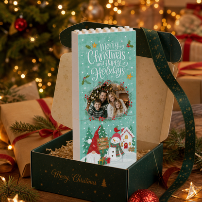 Personalized Photo Christmas Building Block in Mint Green, Custom Family Picture Gnome & Snowman Wreath Brick Puzzle Keepsake Decor, Festive Holiday Desk Gift