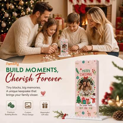 Personalized Photo Christmas Building Block in Blush Pink, Custom Family Name & Year Wreath Snowman Brick Puzzle Keepsake Decor, Festive Holiday Desk Gift