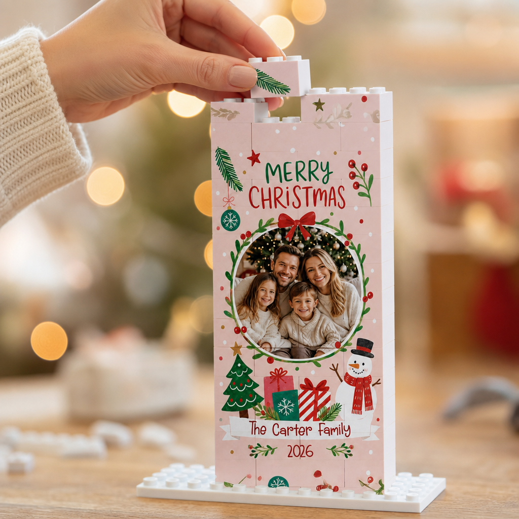 Personalized Photo Christmas Building Block in Blush Pink, Custom Family Name & Year Wreath Snowman Brick Puzzle Keepsake Decor, Festive Holiday Desk Gift