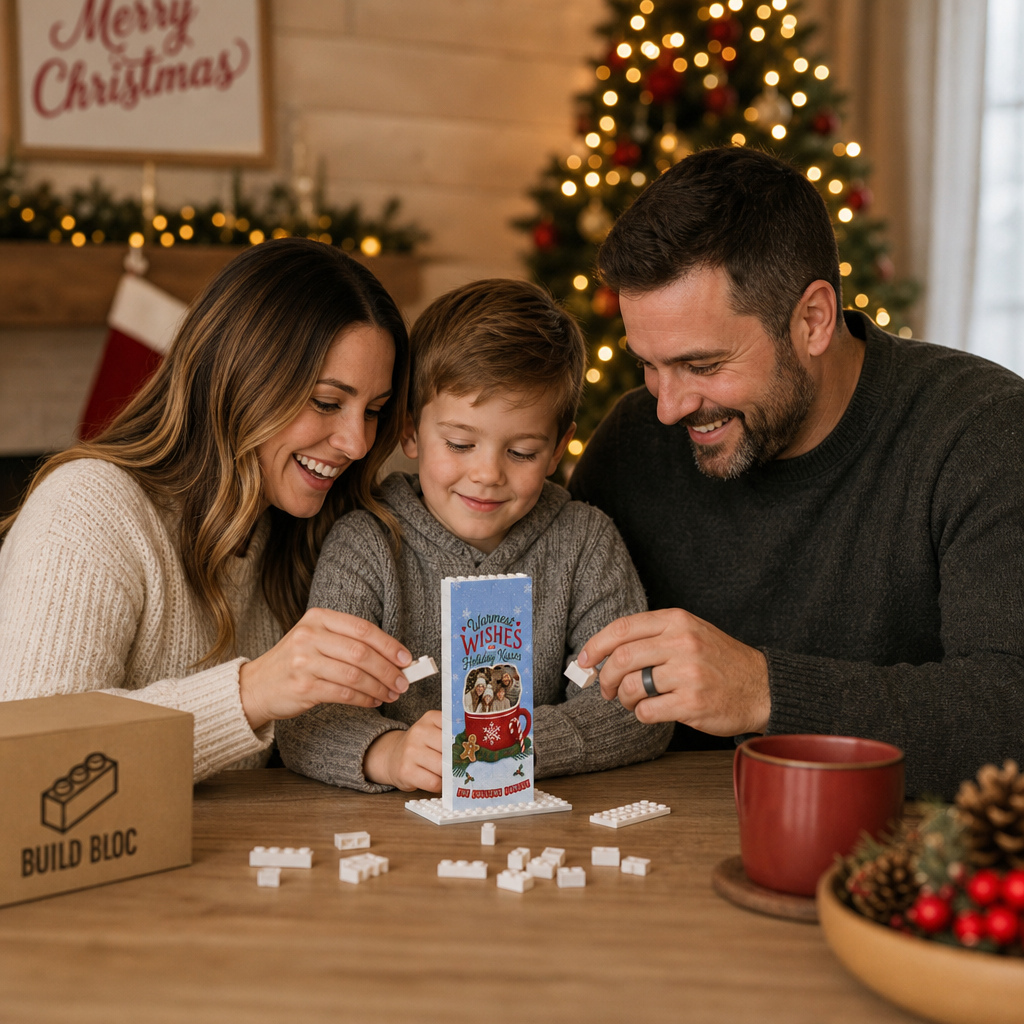 Personalized Photo Christmas Building Block in Periwinkle Blue, Custom Family Name Hot Cocoa Mug & Gingerbread Man Brick Puzzle Keepsake Decor, Festive Holiday Desk Gift