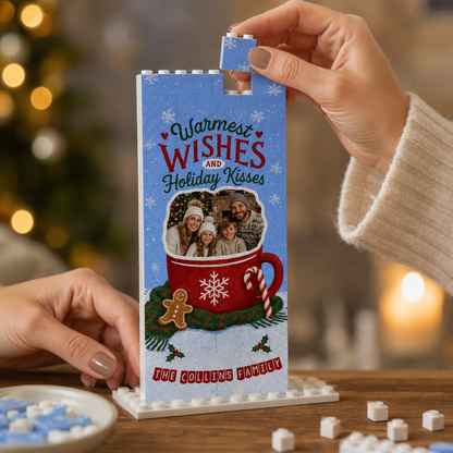 Personalized Photo Christmas Building Block in Periwinkle Blue, Custom Family Name Hot Cocoa Mug & Gingerbread Man Brick Puzzle Keepsake Decor, Festive Holiday Desk Gift