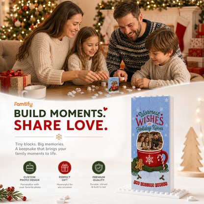 Personalized Photo Christmas Building Block in Periwinkle Blue, Custom Family Name Hot Cocoa Mug & Gingerbread Man Brick Puzzle Keepsake Decor, Festive Holiday Desk Gift