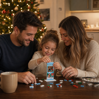 Personalized Photo Christmas Building Block in Sky Blue, Custom Family Name Wooden Window & Snowman Brick Puzzle Keepsake Decor, Festive Holiday Desk Gift