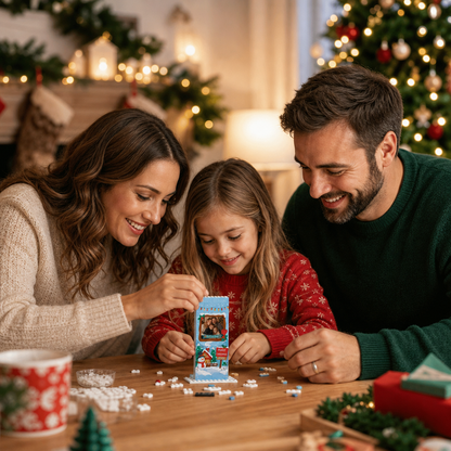 Personalized Photo Christmas Building Block in Sky Blue, Custom Family Name Wooden Window & Snowman Brick Puzzle Keepsake Decor, Festive Holiday Desk Gift