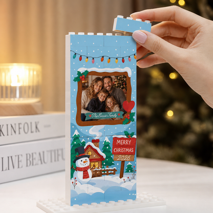 Personalized Photo Christmas Building Block in Sky Blue, Custom Family Name Wooden Window & Snowman Brick Puzzle Keepsake Decor, Festive Holiday Desk Gift
