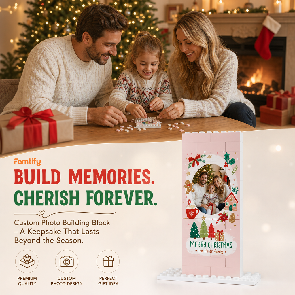 Personalized Photo Christmas Building Block in Blush Pink, Custom Family Name Gingerbread Man & Cozy House Brick Puzzle Keepsake Decor, Festive Holiday Desk Gift