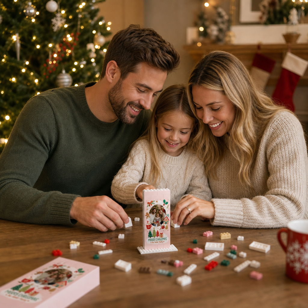 Personalized Photo Christmas Building Block in Blush Pink, Custom Family Name Gingerbread Man & Cozy House Brick Puzzle Keepsake Decor, Festive Holiday Desk Gift