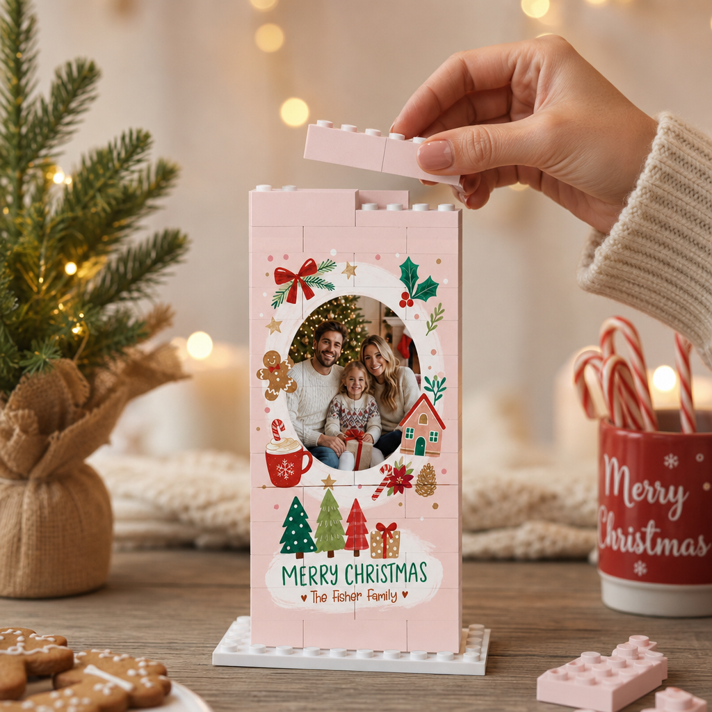 Personalized Photo Christmas Building Block in Blush Pink, Custom Family Name Gingerbread Man & Cozy House Brick Puzzle Keepsake Decor, Festive Holiday Desk Gift