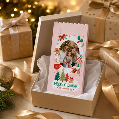 Personalized Photo Christmas Building Block in Blush Pink, Custom Family Name Gingerbread Man & Cozy House Brick Puzzle Keepsake Decor, Festive Holiday Desk Gift