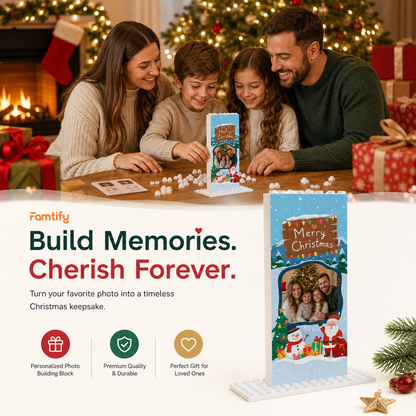 Personalized Photo Christmas Building Block in Light Blue, Custom Family Picture Wooden Signboard Santa & Snowman Brick Puzzle Keepsake Decor, Festive Holiday Desk Gift