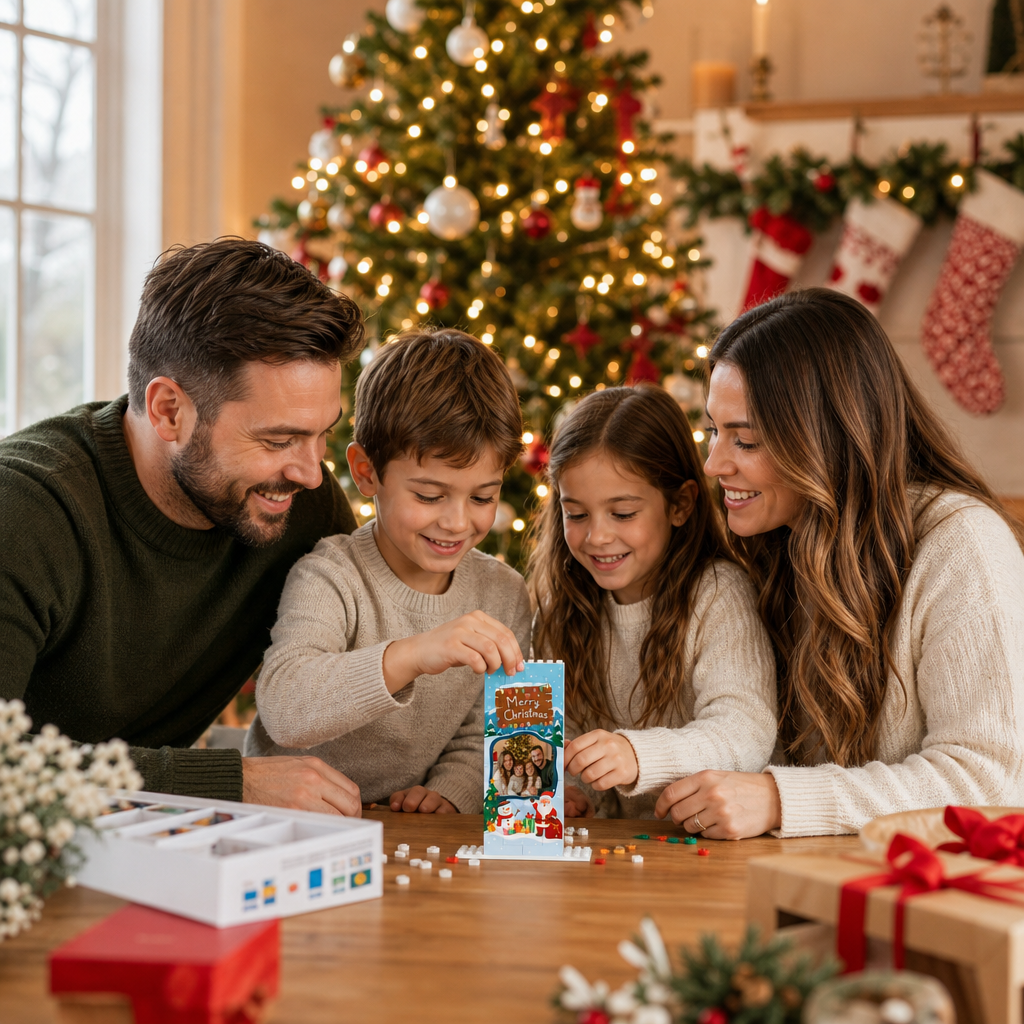 Personalized Photo Christmas Building Block in Light Blue, Custom Family Picture Wooden Signboard Santa & Snowman Brick Puzzle Keepsake Decor, Festive Holiday Desk Gift