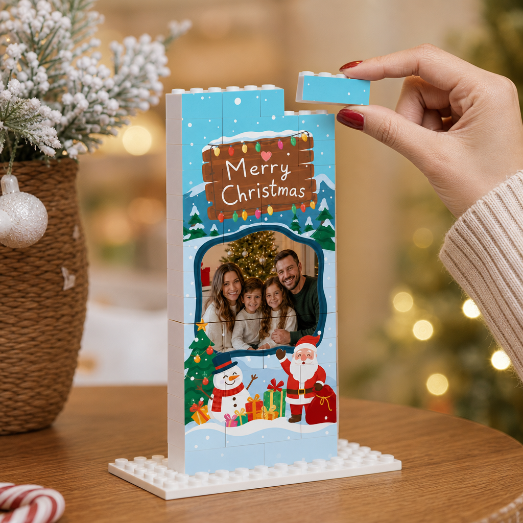 Personalized Photo Christmas Building Block in Light Blue, Custom Family Picture Wooden Signboard Santa & Snowman Brick Puzzle Keepsake Decor, Festive Holiday Desk Gift
