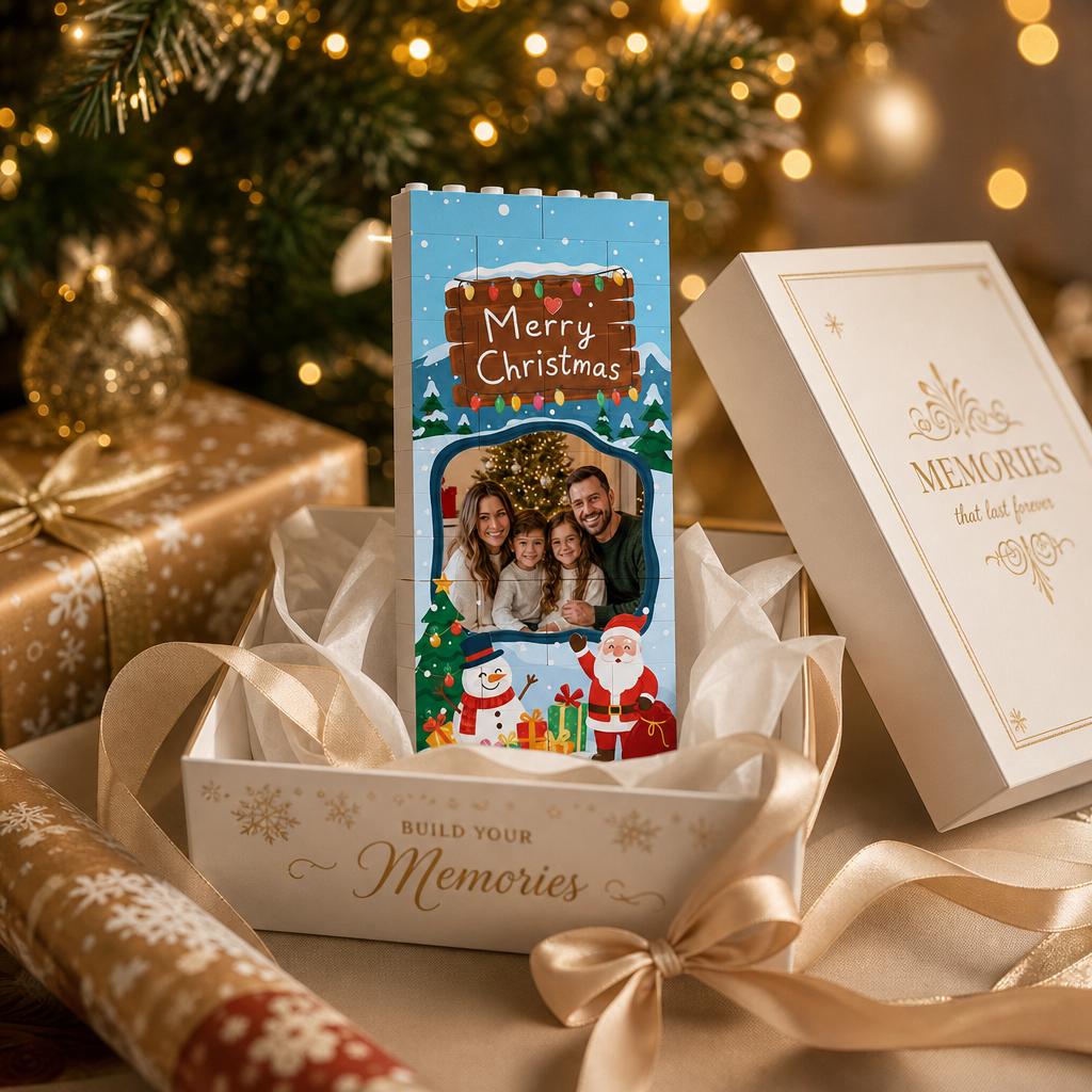 Personalized Photo Christmas Building Block in Light Blue, Custom Family Picture Wooden Signboard Santa & Snowman Brick Puzzle Keepsake Decor, Festive Holiday Desk Gift
