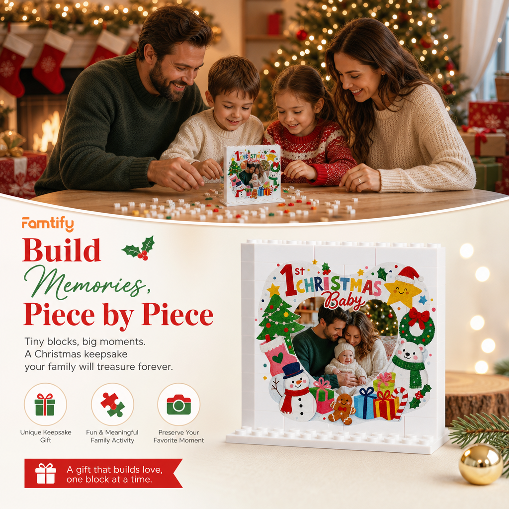 Personalized Photo Christmas Building Block in Cream White, Custom Baby First Christmas Photo Snowman & Polar Bear Brick Puzzle Keepsake Decor, Holiday Gift for New Parents