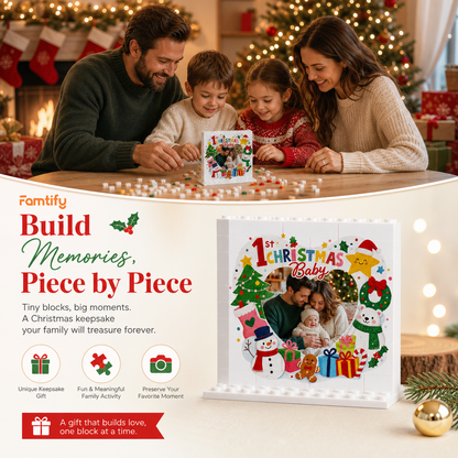Personalized Photo Christmas Building Block in Cream White, Custom Baby First Christmas Photo Snowman & Polar Bear Brick Puzzle Keepsake Decor, Holiday Gift for New Parents