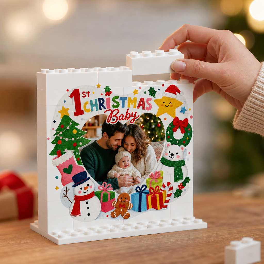 Personalized Photo Christmas Building Block in Cream White, Custom Baby First Christmas Photo Snowman & Polar Bear Brick Puzzle Keepsake Decor, Holiday Gift for New Parents