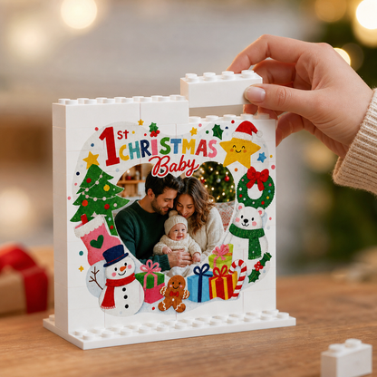 Personalized Photo Christmas Building Block in Cream White, Custom Baby First Christmas Photo Snowman & Polar Bear Brick Puzzle Keepsake Decor, Holiday Gift for New Parents