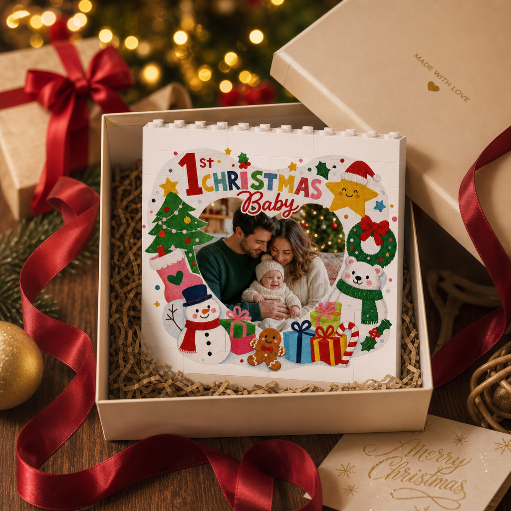 Personalized Photo Christmas Building Block in Cream White, Custom Baby First Christmas Photo Snowman & Polar Bear Brick Puzzle Keepsake Decor, Holiday Gift for New Parents