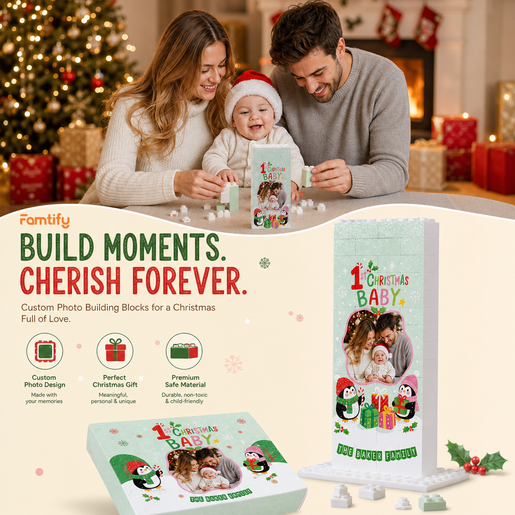 Personalized Photo Christmas Building Block in Mint Green, Custom Baby First Christmas Photo Cute Penguins & Wrapped Gifts Brick Puzzle Keepsake Decor, Holiday Gift for New Parents