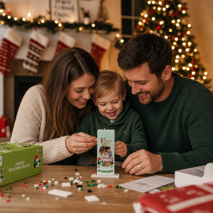 Personalized Photo Christmas Building Block in Mint Green, Custom Baby First Christmas Photo Cute Penguins & Wrapped Gifts Brick Puzzle Keepsake Decor, Holiday Gift for New Parents