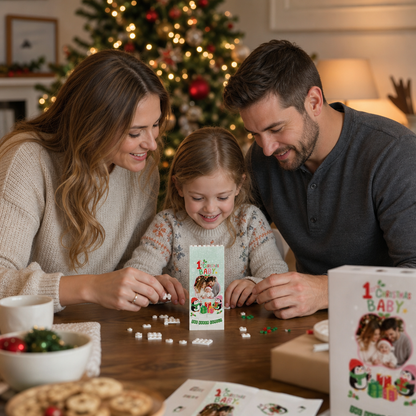 Personalized Photo Christmas Building Block in Mint Green, Custom Baby First Christmas Photo Cute Penguins & Wrapped Gifts Brick Puzzle Keepsake Decor, Holiday Gift for New Parents